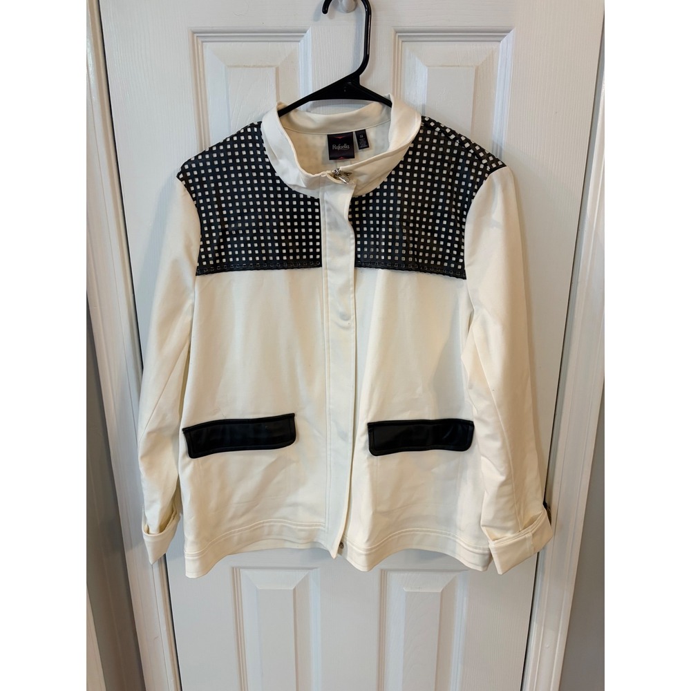 Rafaella Jacket Women 12 White Black Faux Leather Perforated Grid Full Zip Snap